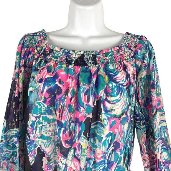 Lilly Pulitzer Myri Romper Bright Navy Caught‎ Up Small Off Shoulder DR-1269 - Picture 4 of 10